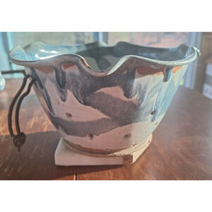 Vintage Handmade Whitefish Pottery Colander Strainer Montana 1998 Blue Glaze